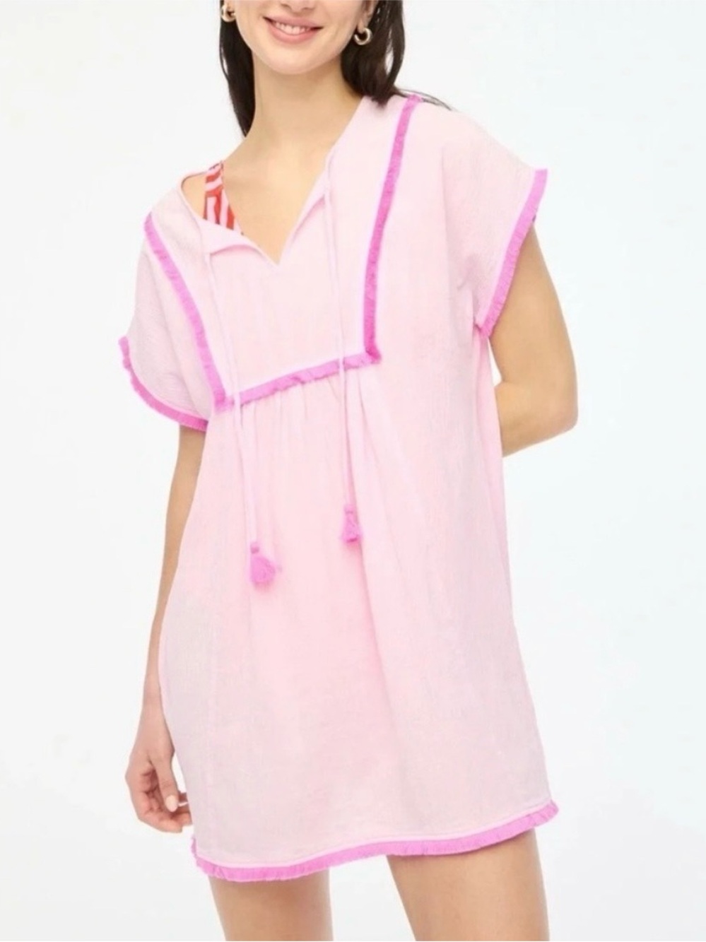 NWT J Crew Fringe Beach Pool Cover Up Tunic with Tassels in Pink Size Medium